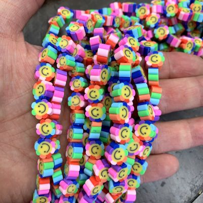 Polymer Clay Beads, Rainbow Smiley Face Flowers (16" Strand)