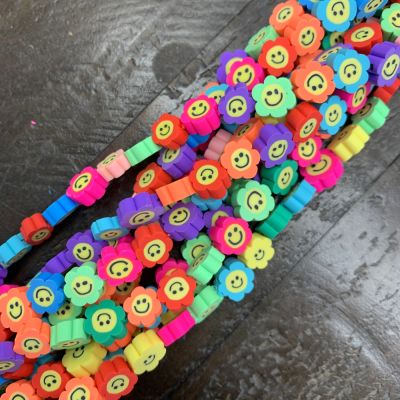 Polymer Clay Beads, Smiley Face Flowers, Mixed Colors (16" Strand)