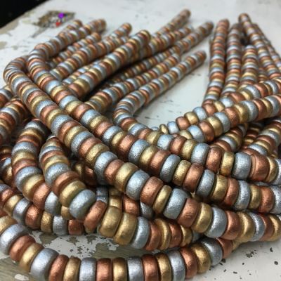 8x4mm Rondelle Wood Beads, Coated Waxed, Metallic Gold, Silver, Copper (Approx 200 Pieces)