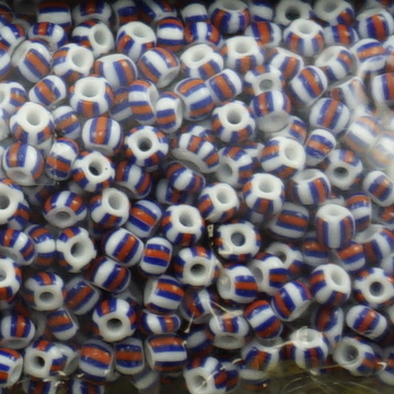Czech Seed Beads, Striped, Size 6/0 -  White with Red & Blue Stripes (Approx. 60 Grams)