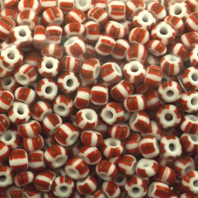 Czech Seed Beads, Striped, Size 6/0 -  White with Red & Brown Stripes (Approx. 60 Grams)