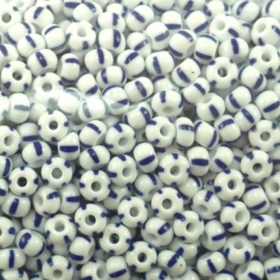 Czech Seed Beads, Striped, Size 6/0 -  White with Blue Stripe (Approx. 60 Grams)