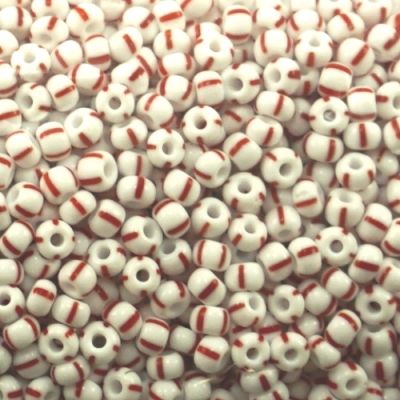 Czech Seed Beads, Striped, Size 6/0 -  White with Red Stripe (Approx. 60 Grams)